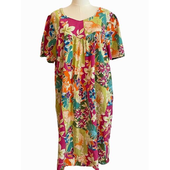 National Tropical Muumuu House Dress Womens 1X Boho Hawaiian Milkmaid Peasant - Picture 1 of 8